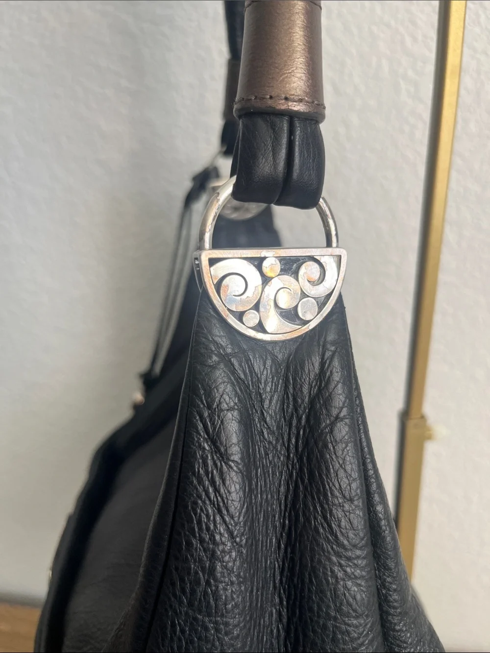Brighton Caitlyn Black Pebbled Leather Hobo Shoulder Bag Tooled Silver